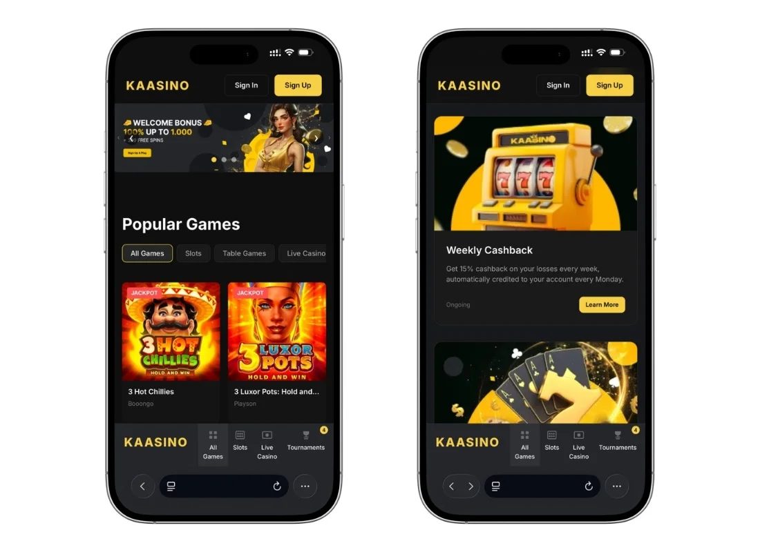 Kaasino casino lobby shown on mobile