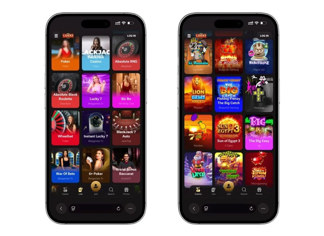 Lucki Casino casino lobby shown on mobile